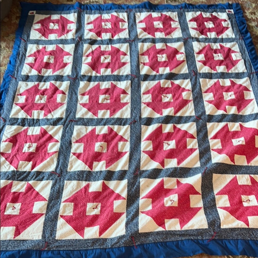 Vintage handmade Patchwork Quilt with Red and Blue Design 80” x 64”